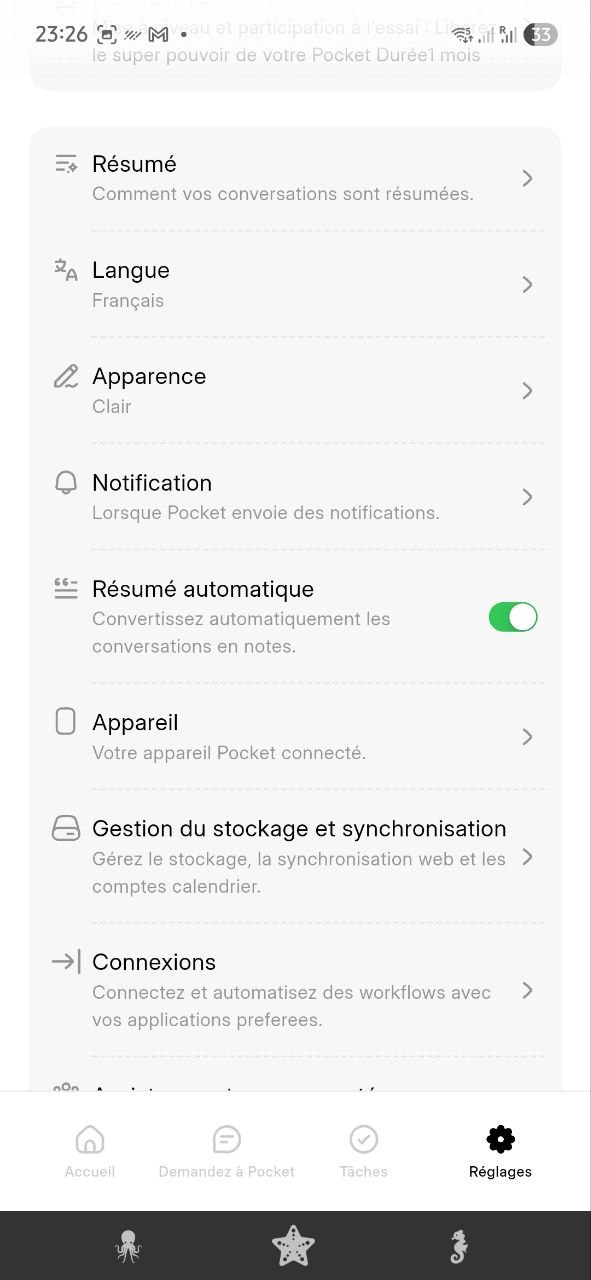 pocket ia avis - réglages