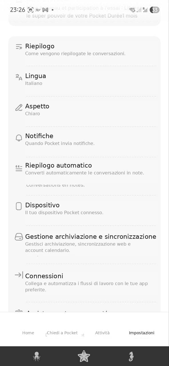 pocket ai recensione - impostazioni