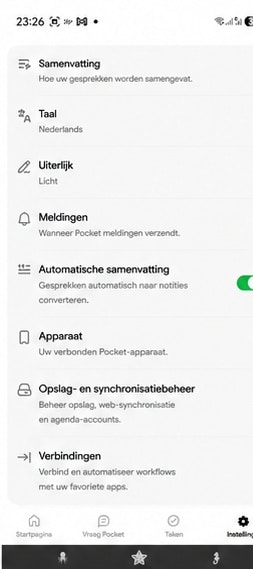 pocket ai review - instellingen
