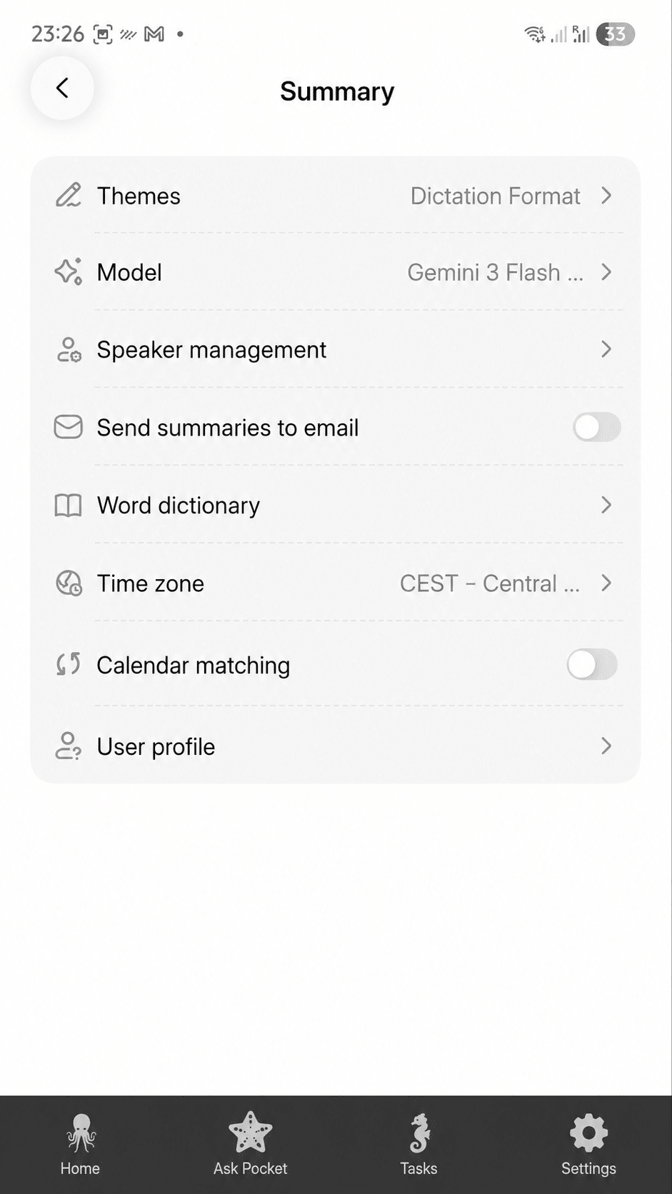 pocket ai review - summary settings