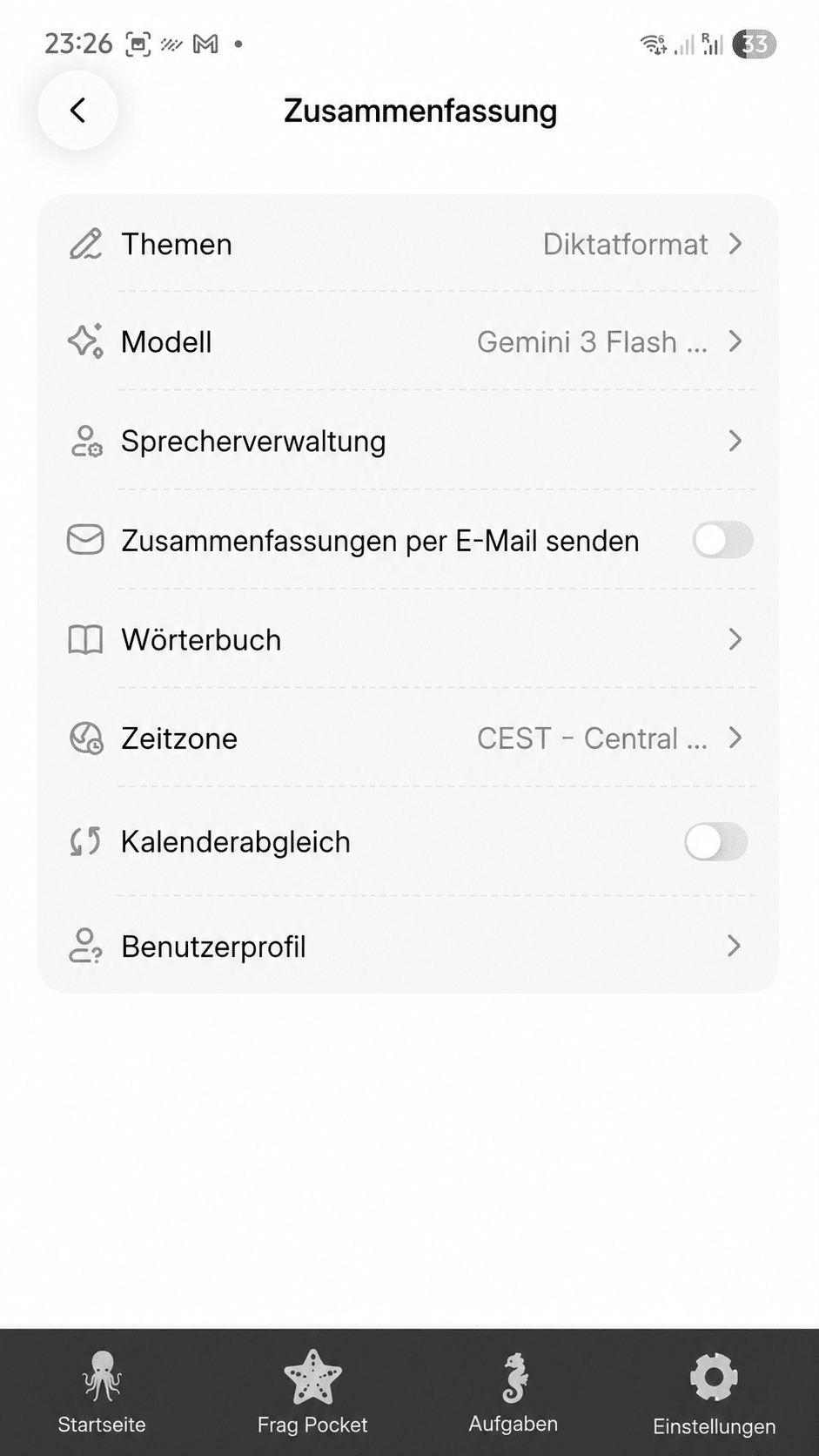 pocket ai test - Zusammenfassung-Einstellungen